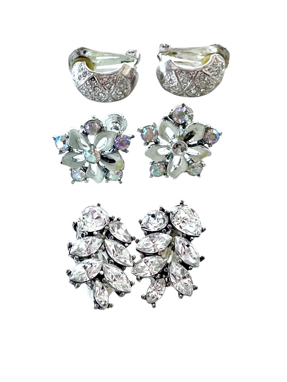 Three Pairs of Vintage Clip and Screw Back Rhinestone Earrings Carolee and STAR
